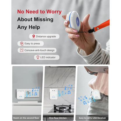 CallToU Wireless Caregiver Pager with SOS Call Buttons for Elderly, Medical Alert System 500FT