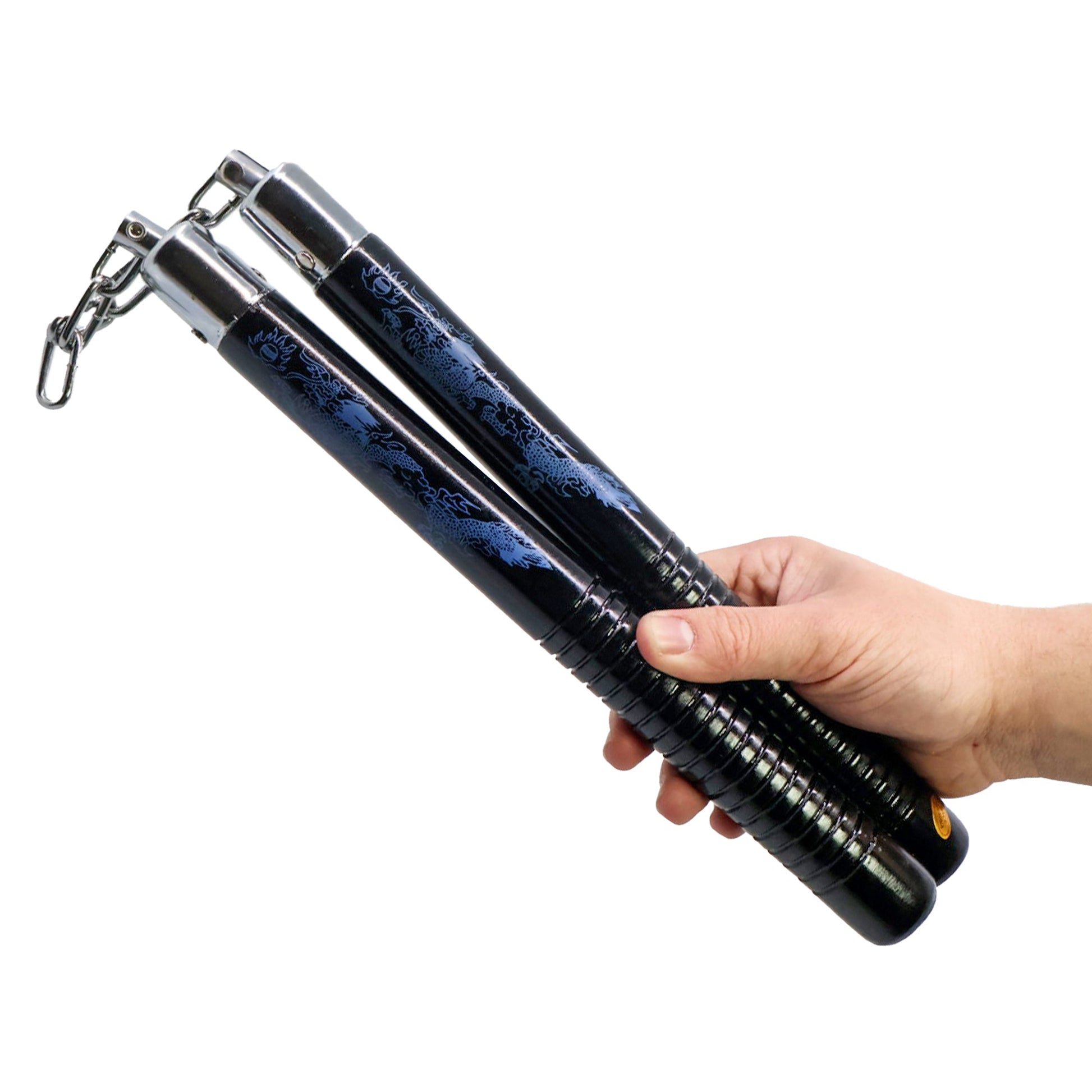 Black Wood Self-Defense Nunchucks with Blue Dragon Design 12"