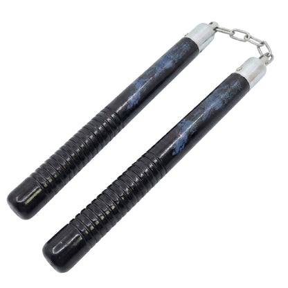 Black Wood Self-Defense Nunchucks with Blue Dragon Design 12"