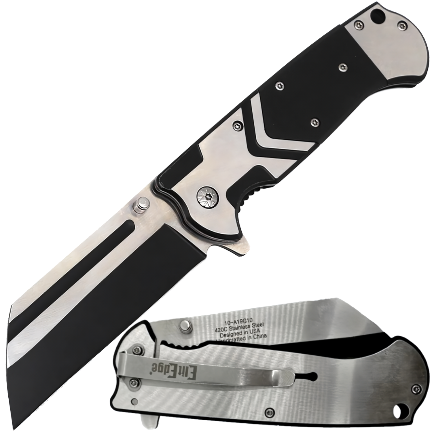 ElitEdge Spring Assisted Stainless Steel Cleaver Blade Pocket Knife 3.75"