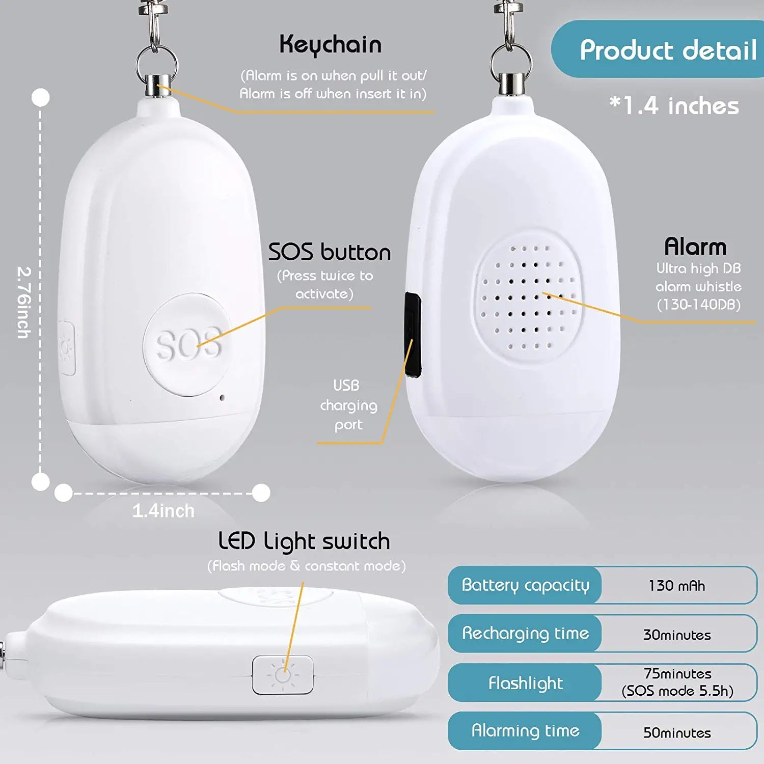 Crow Alert Rechargeable SOS LED Personal Panic Alarm 130dB