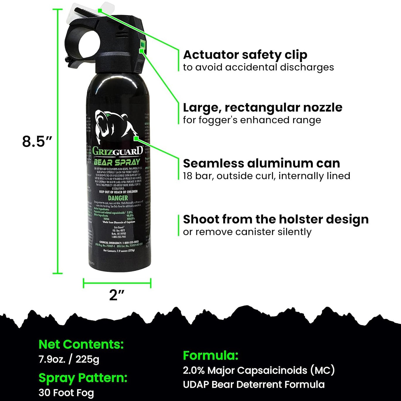 GrizGuard Bear Attack Deterrent Pepper Fog 7.9 oz. w/ Quick Access Holster