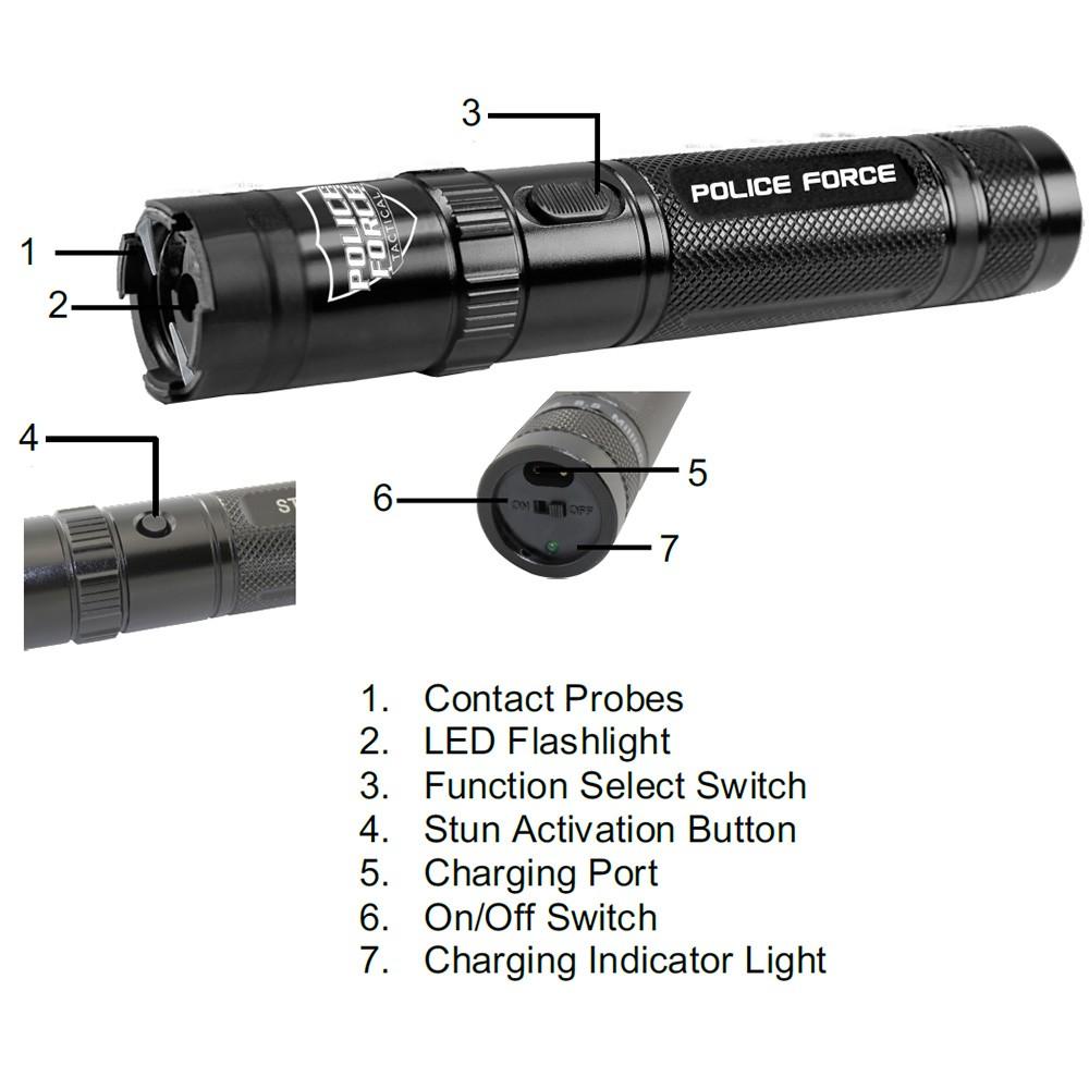 Police Force Tactical Rechargeable Stun Gun Flashlight 9.2M