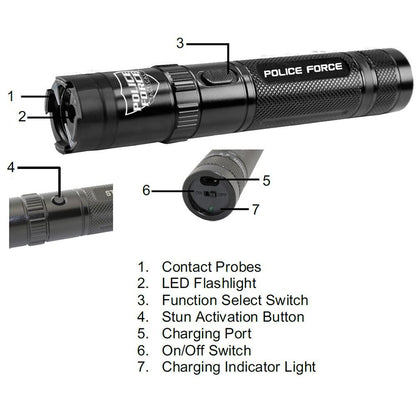 Police Force Tactical Rechargeable Stun Gun Flashlight 9.2M