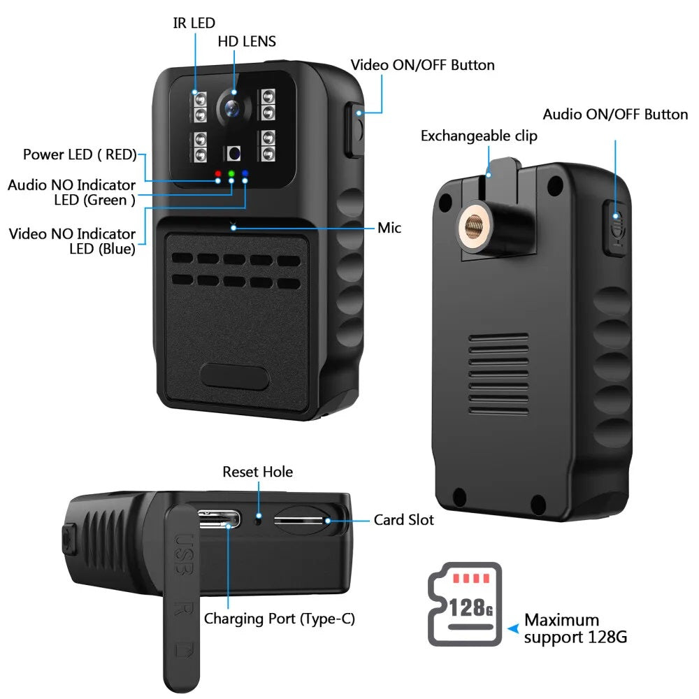 SpyWfi Rechargeable Night Vision Police Body Camera 1080p HD WiFi