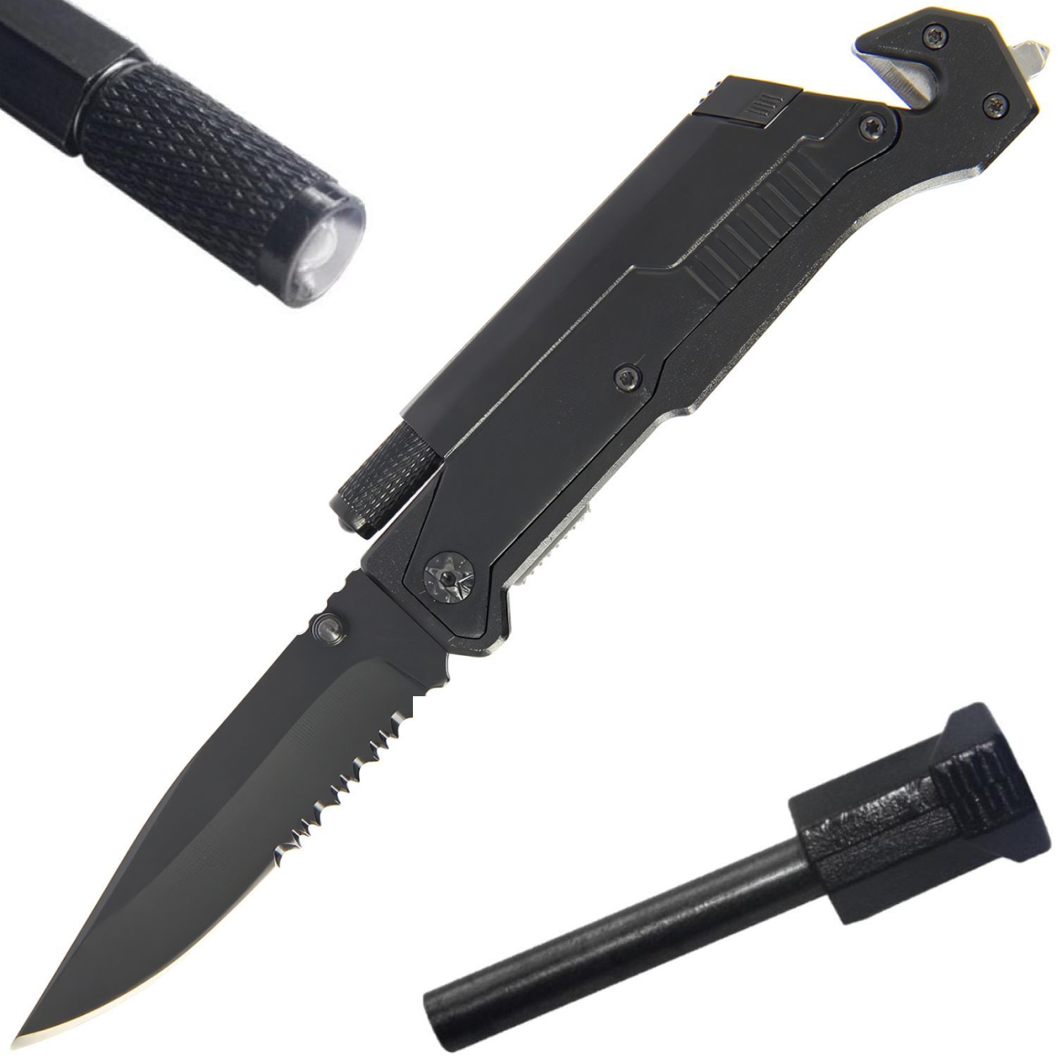 Tiger-USA 5-in-1 EDC Folding Survival Pocket Knife w/ LED Light & Fire Starter