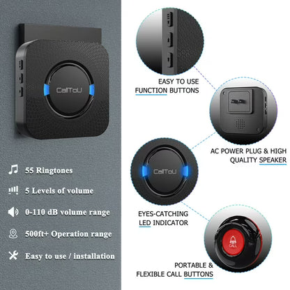 CallToU Caregiver Pager Wireless Call Bell Alert Button for Seniors Elderly Patients Black